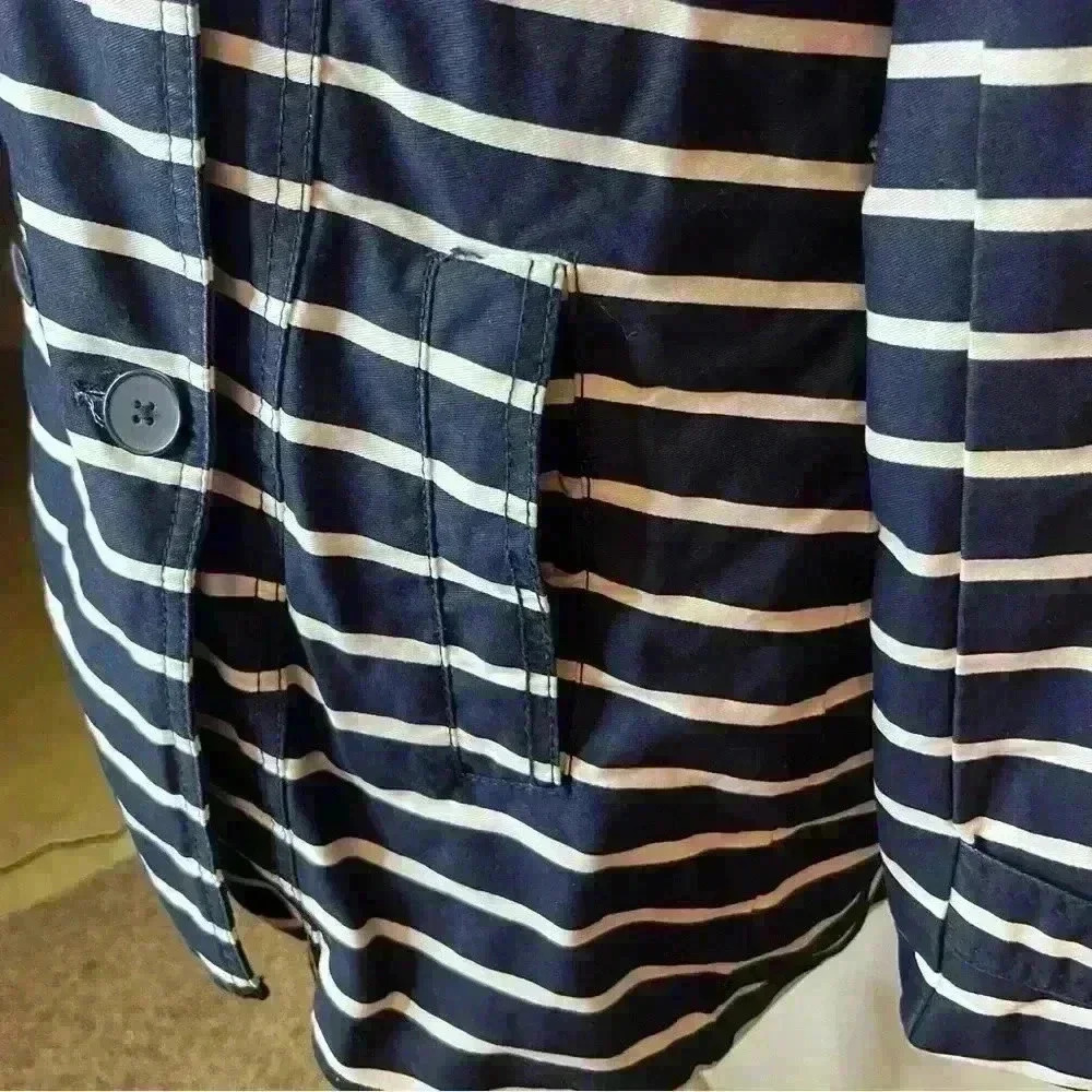 Gap Long Jacket Button Up Coat Women Medium Blue White Stripe Cotton Preppy - Picture 9 of 11